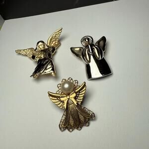 Angel Christmas Holiday Lot Of 3 Brooch Pin Angels 1 Two Tone 2 Gold Tone